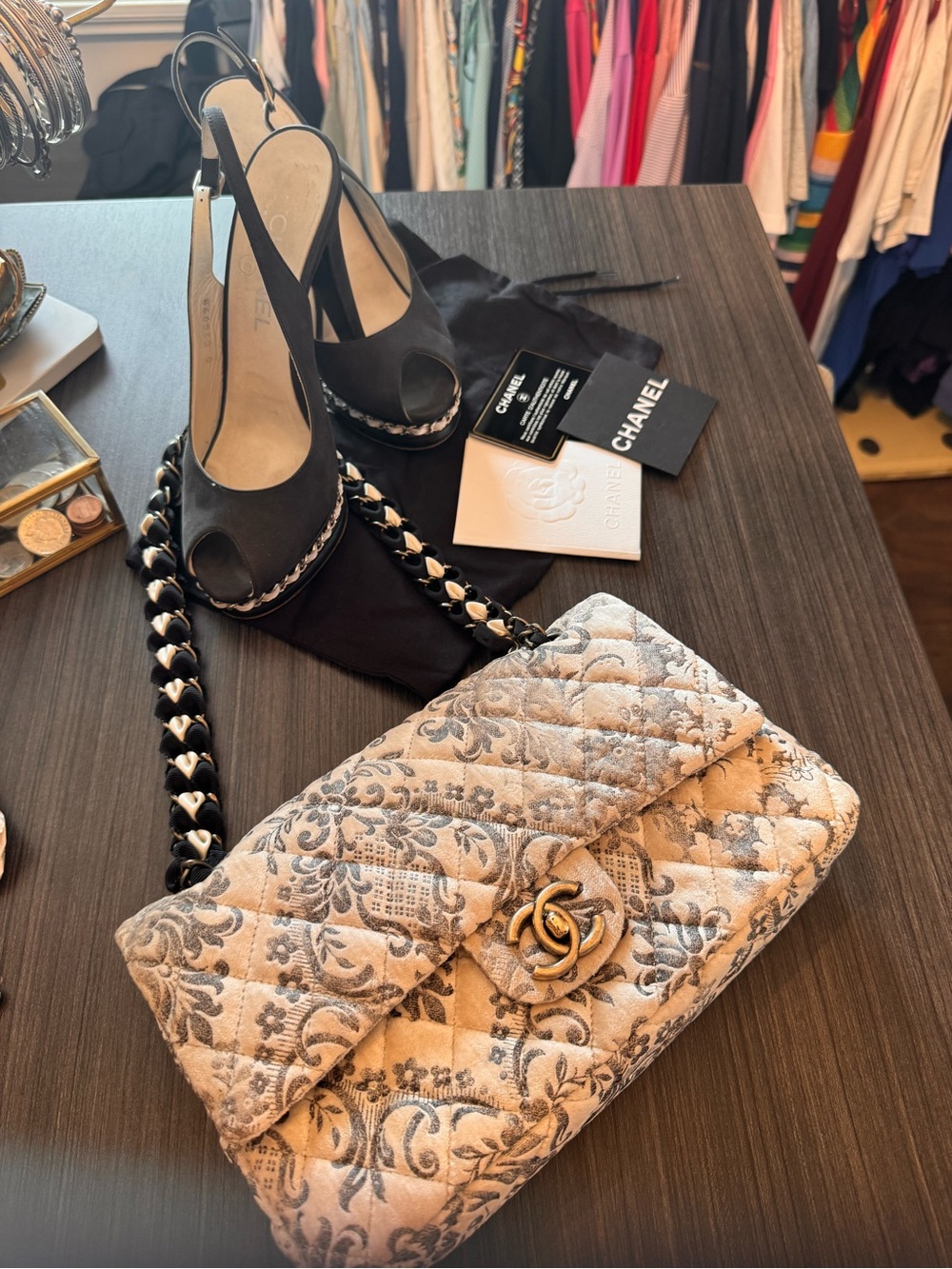 Chanel Like New! Rare Gorgeous Cream and Black Floral Quilted Mini Flap Bag
